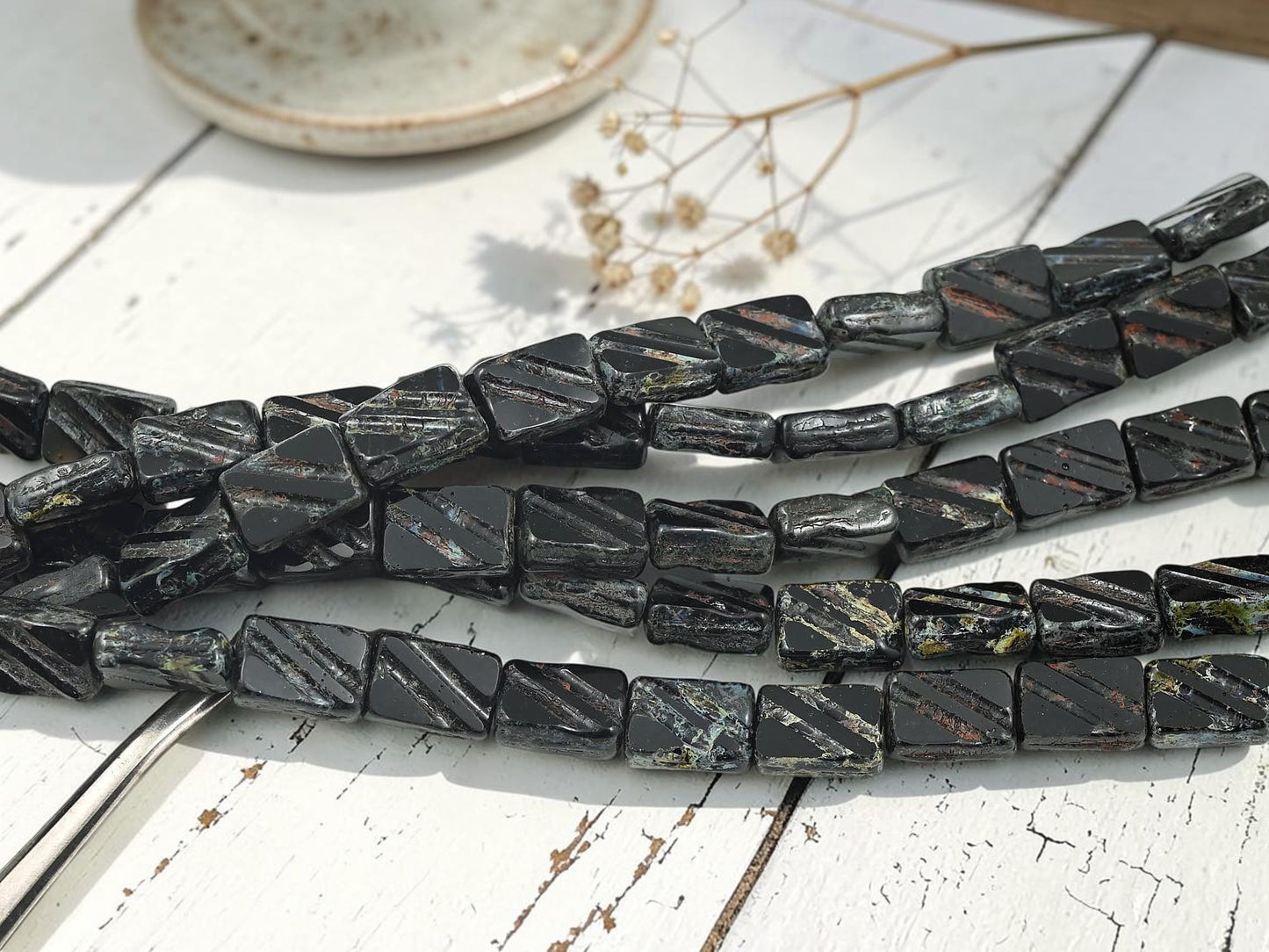 *15* 12x8mm Jet Picasso Table Cut Rectangle Beads