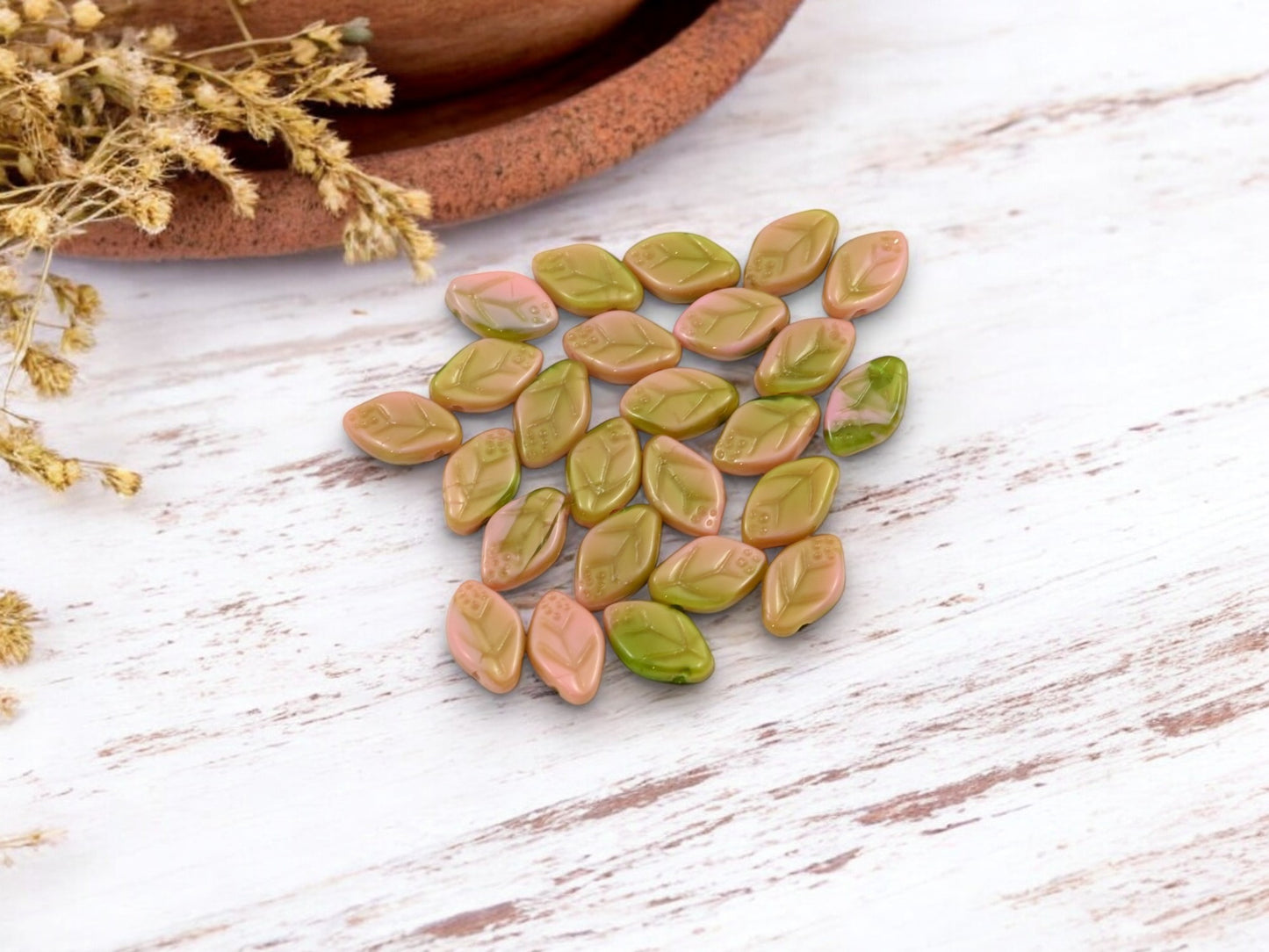 *25* 7x12mm Blended Olivine Pink Coral Top Hole Leaf Beads