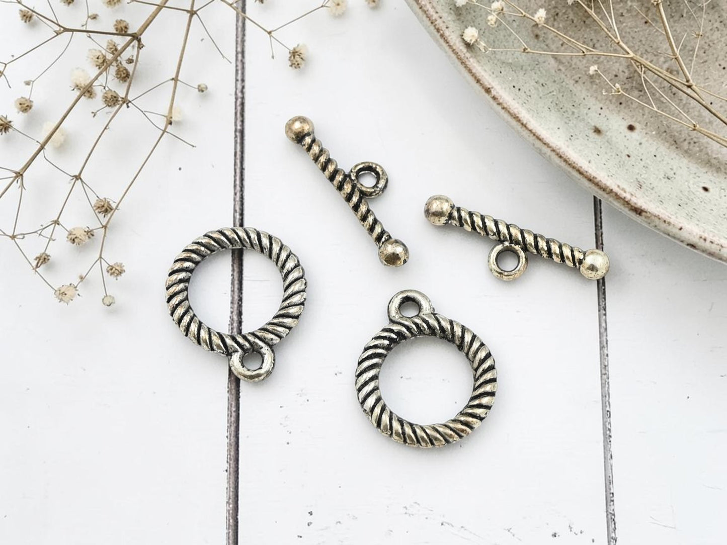 *2* 13mm Antique Silver Rope Twisted Toggle Clasps