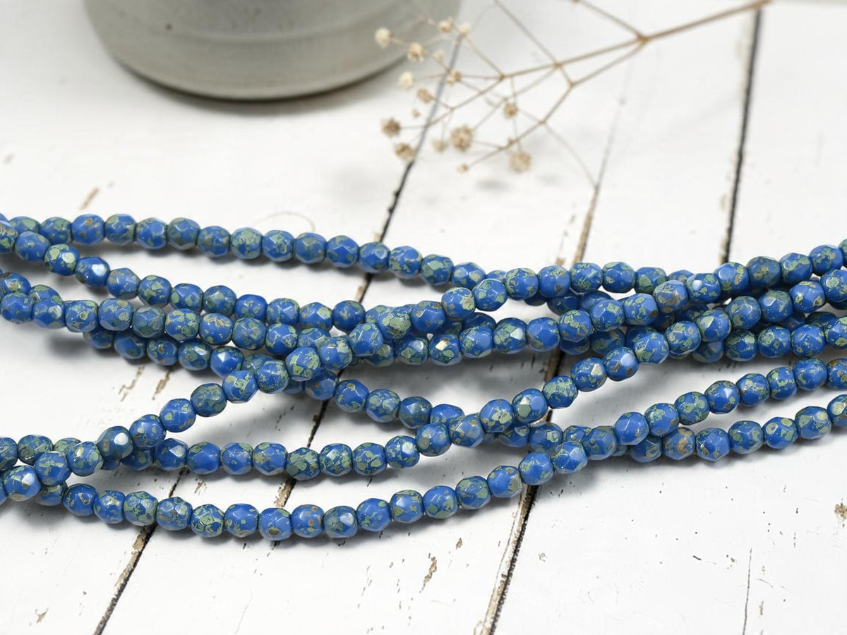 *50* 4mm Azure Blue Picasso Fire Polished Round Beads