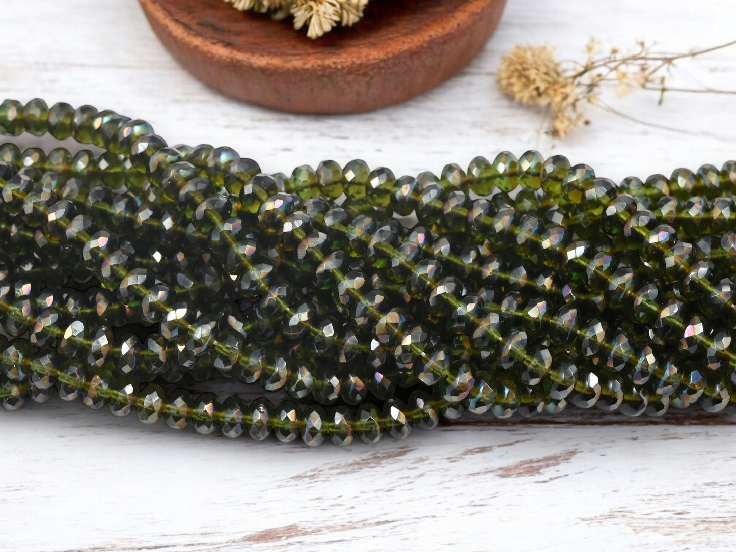 *50* 7x4mm Olive Green Celsian Fire Polished Rondelle Beads