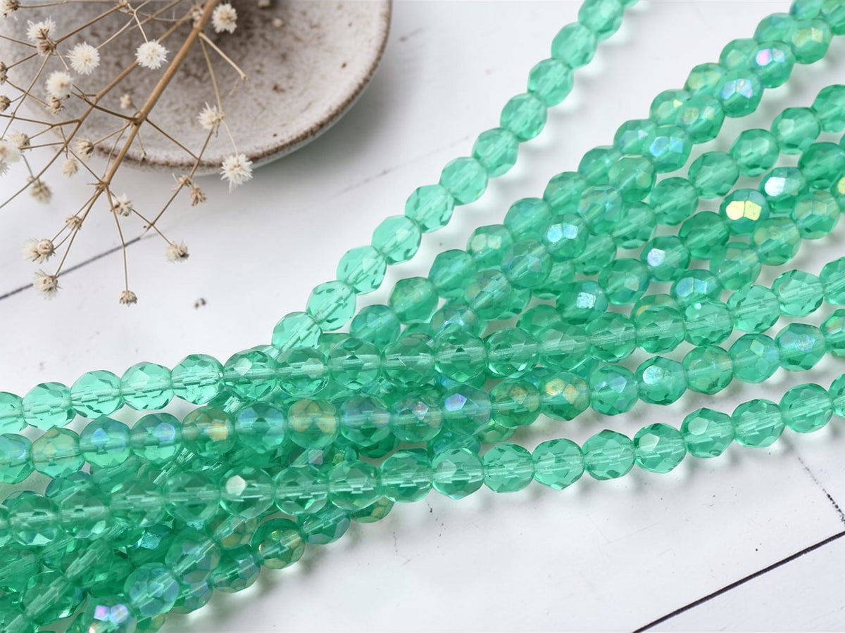 *30* 7mm Sea Green Rainbow Luster Fire Polished Round Beads