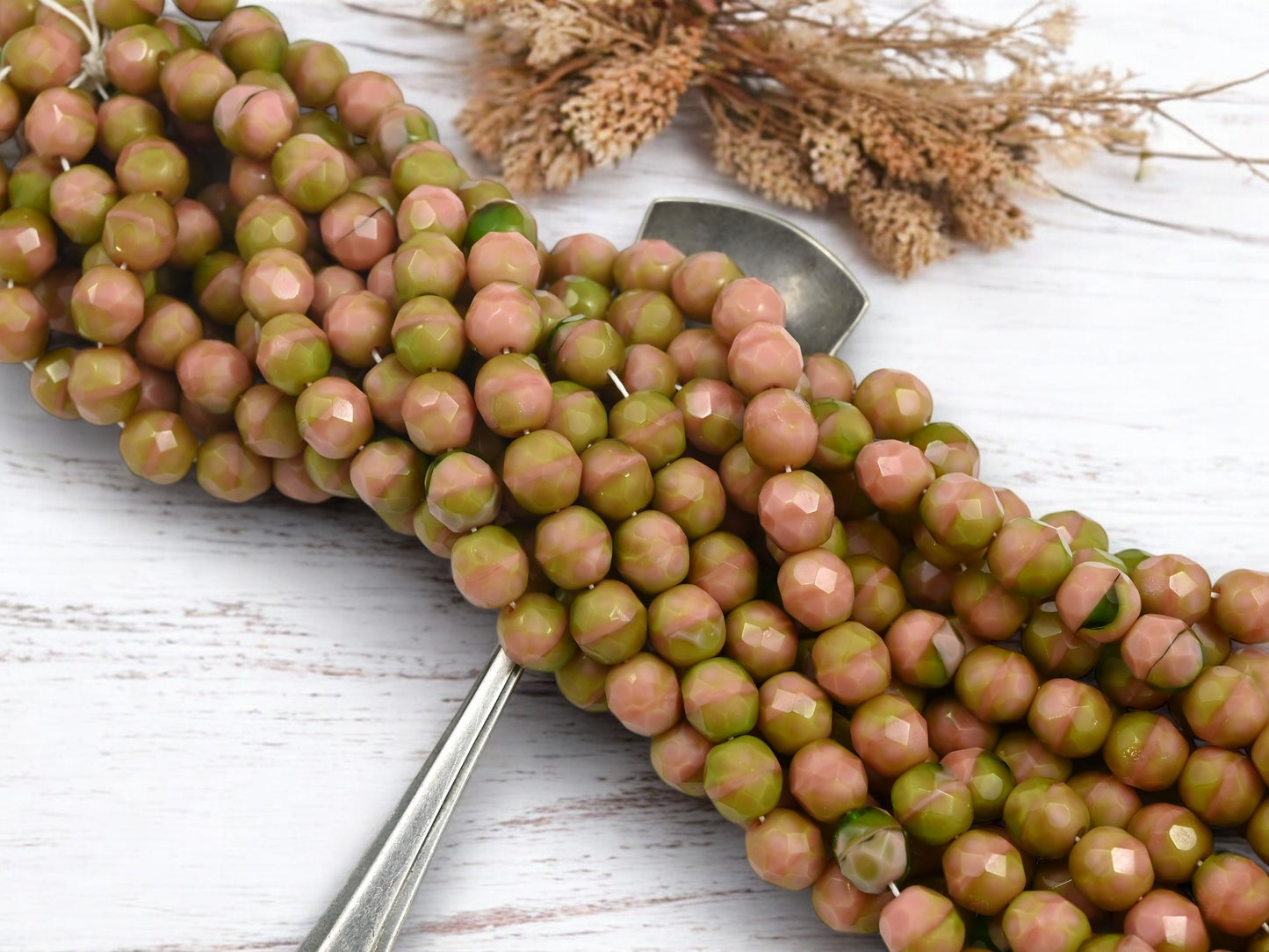 *25* 8mm Blended Olivine Pink Coral Fire Polished Round Beads