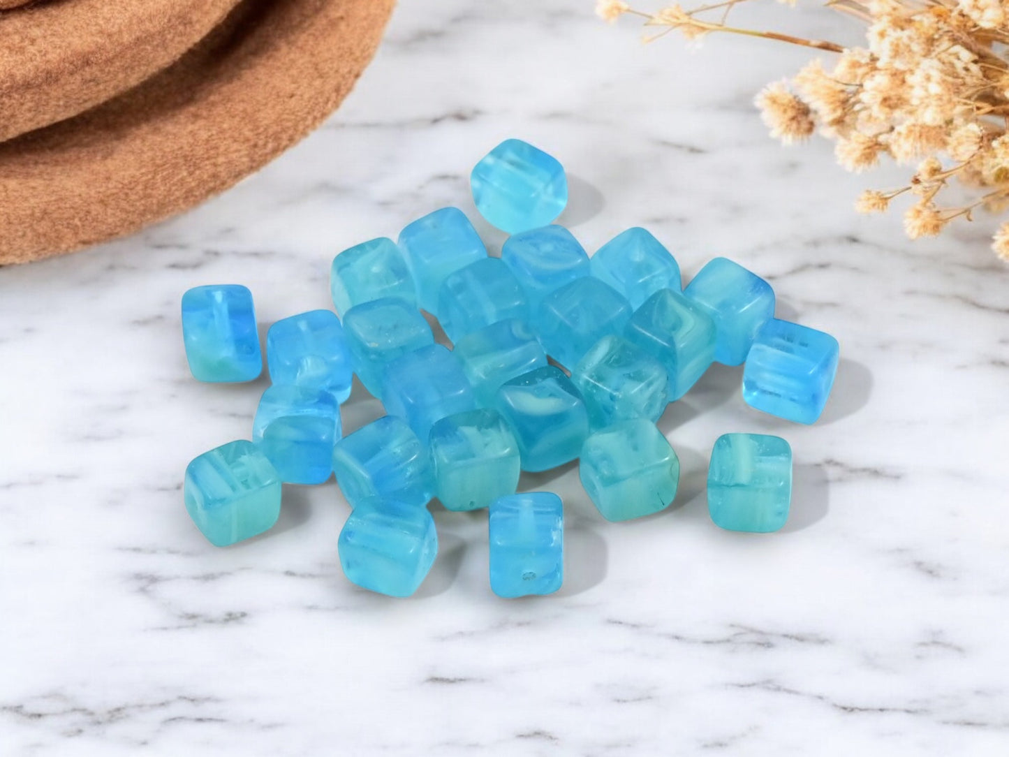 *25* 8x7mm Aqua Laguna Square Cube Beads