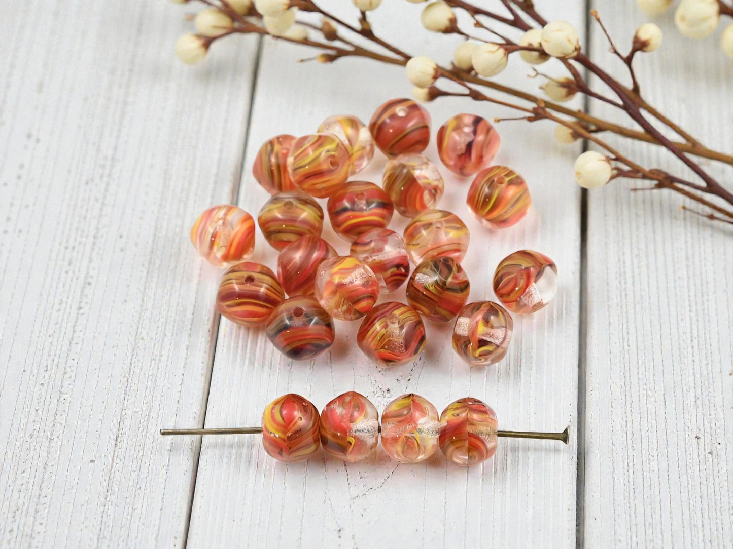 *25* 8x7mm Blended Cane Glass Style Dented Round Beads