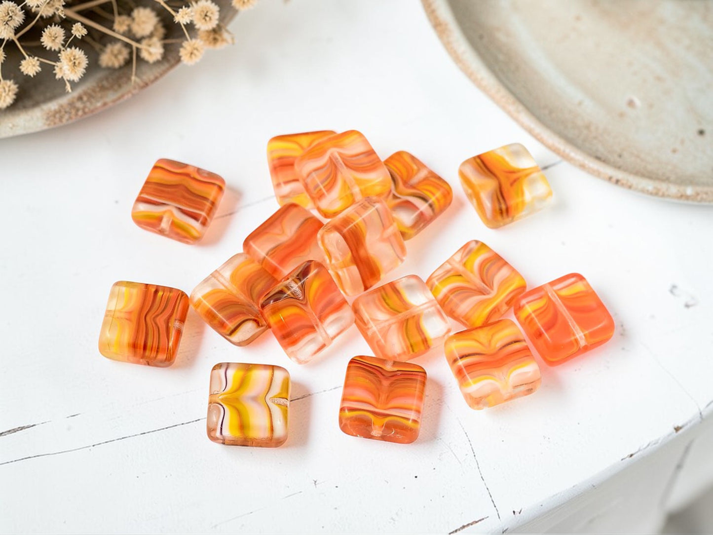 *15* 11mm Crystal Orange Striped Vintage German Glass Flat Square Beads