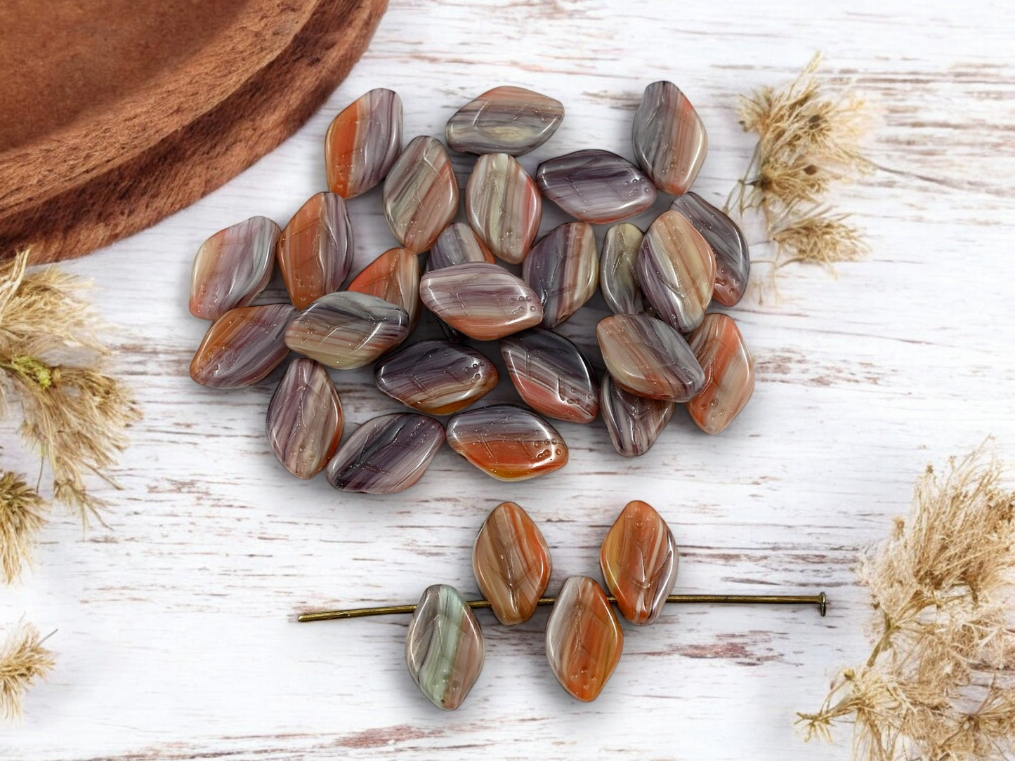 *25* 12x8mm Blended Purple Orange + Beige Top Drilled Leaf Beads