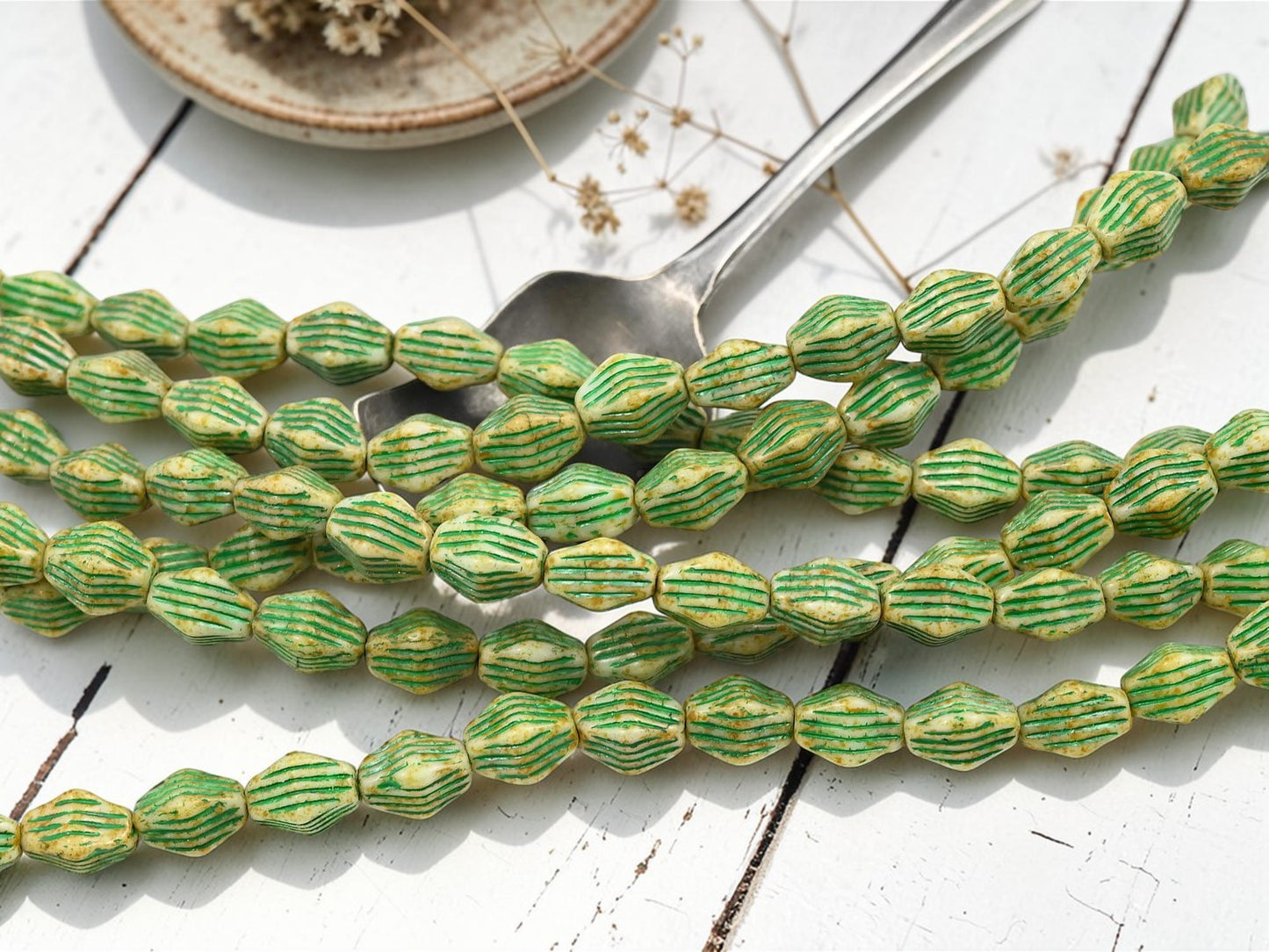 *15* 10x6mm Green Washed Alabaster Travertine Lantern Bicone Beads
