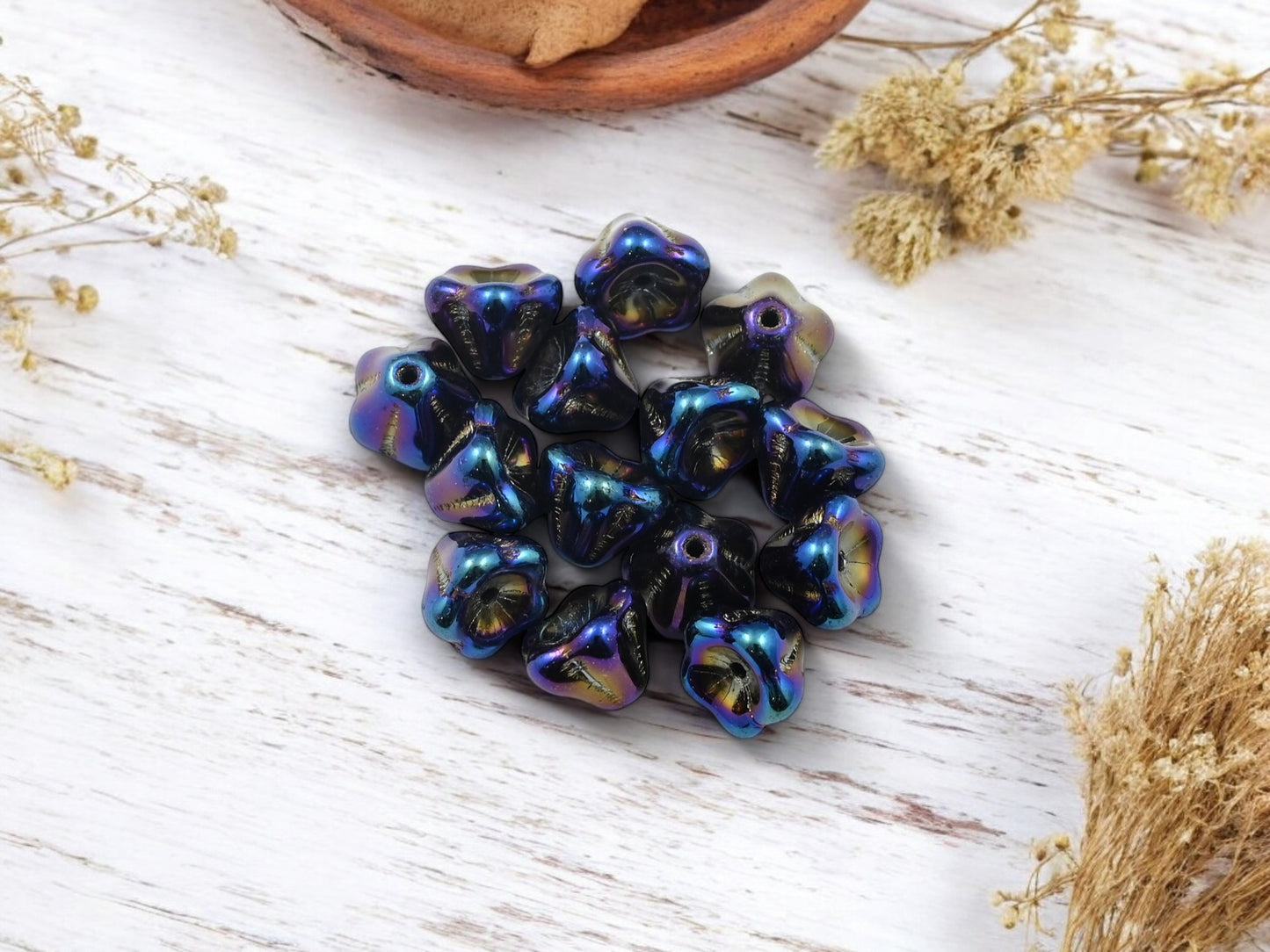 *50* 6x8mm Metallic Blue Iris Bell Flower Beads