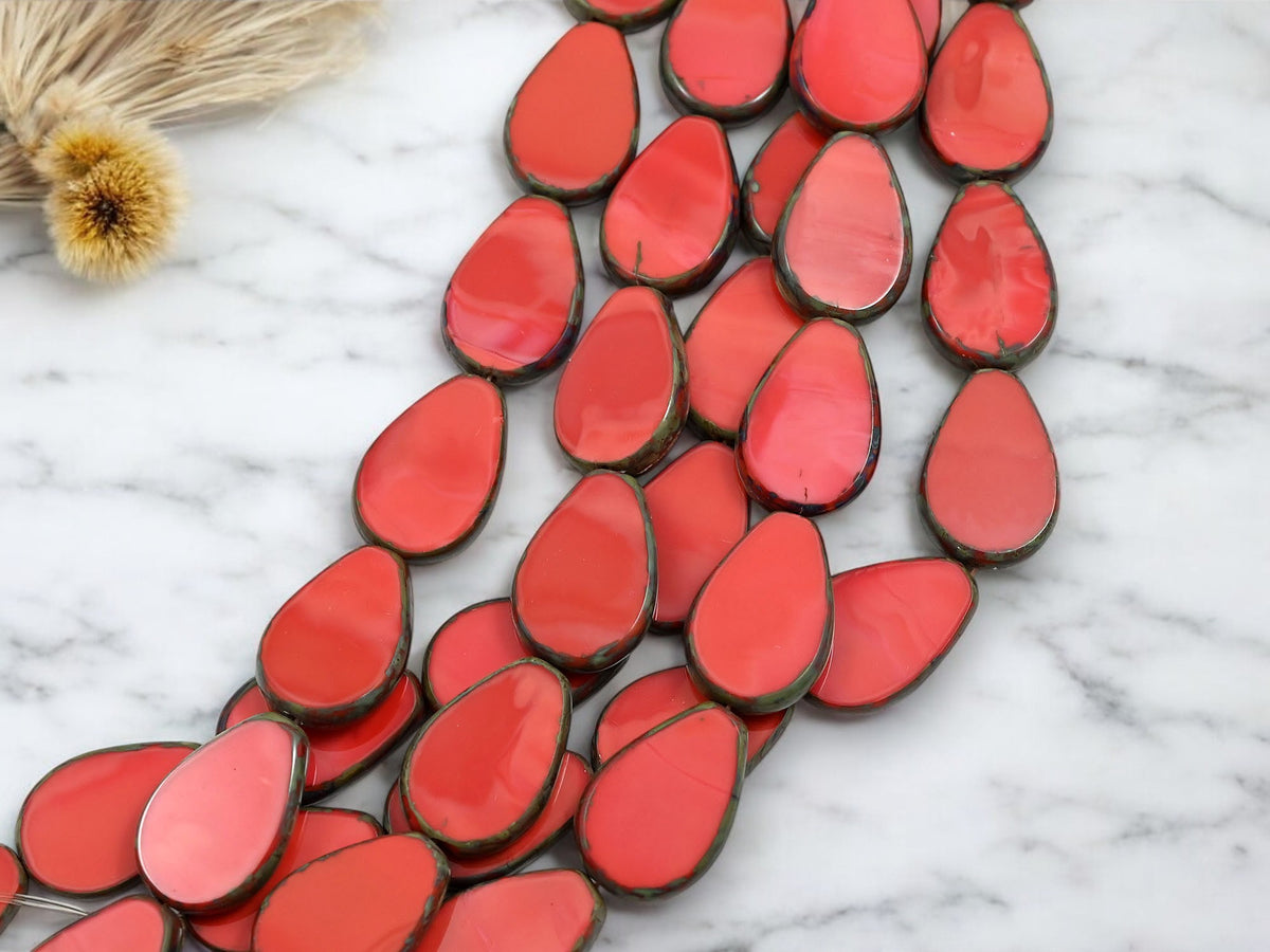 *8* 12x18mm Opaque Coral Picasso Table Cut Flat Teardrop Beads