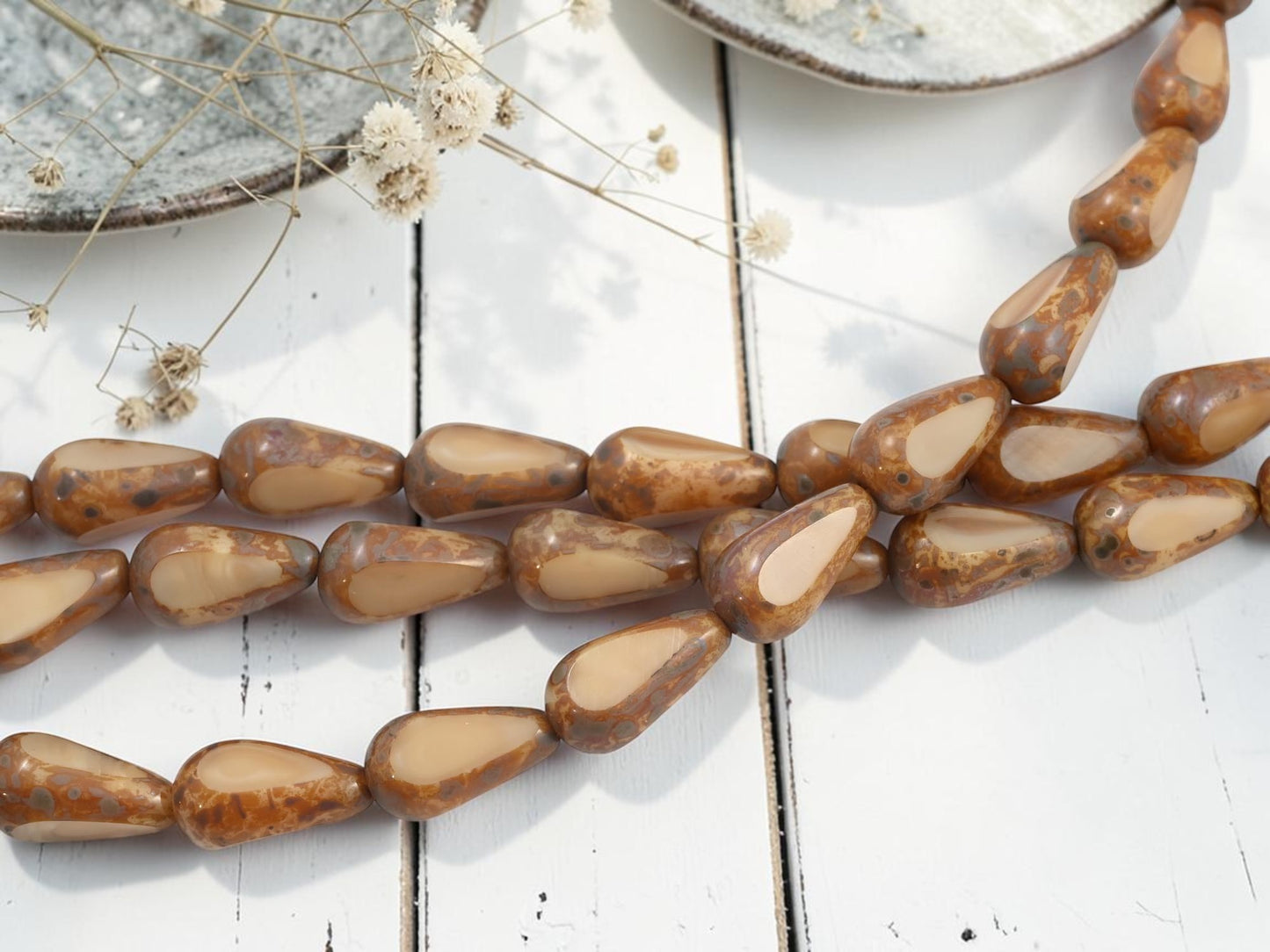 *10* 10x18mm Opaque Beige Silk Travertine Table Cut Tear Drop Beads