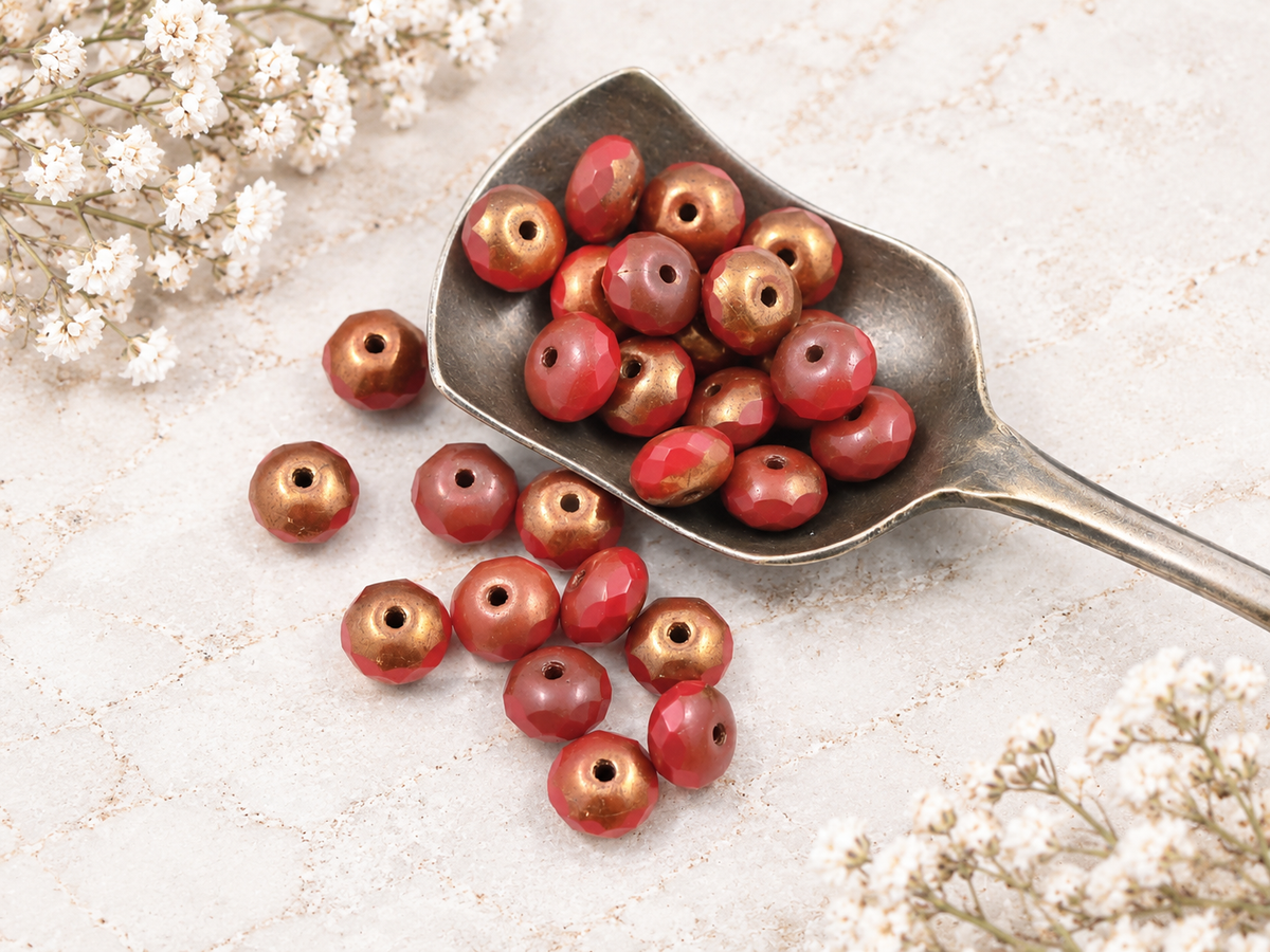 *32* 4x7mm Bronze Washed Lipstick Red Fire Polished Rondelle Beads