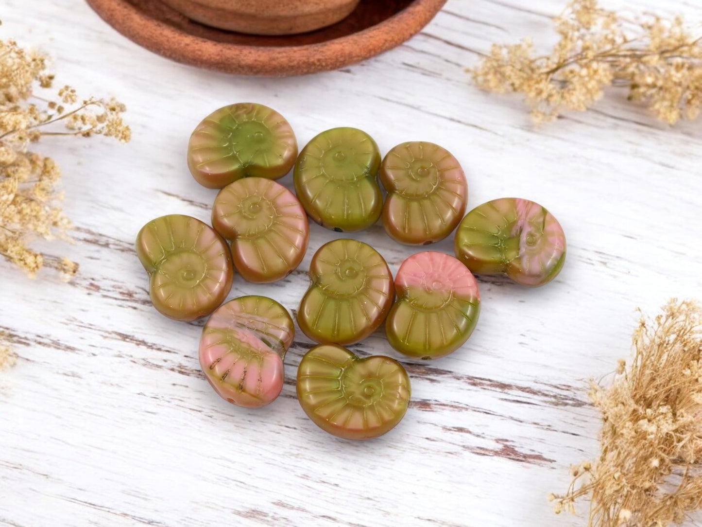 *6* 17x12mm Blended Mossy Pink Ammonite Shell Beads