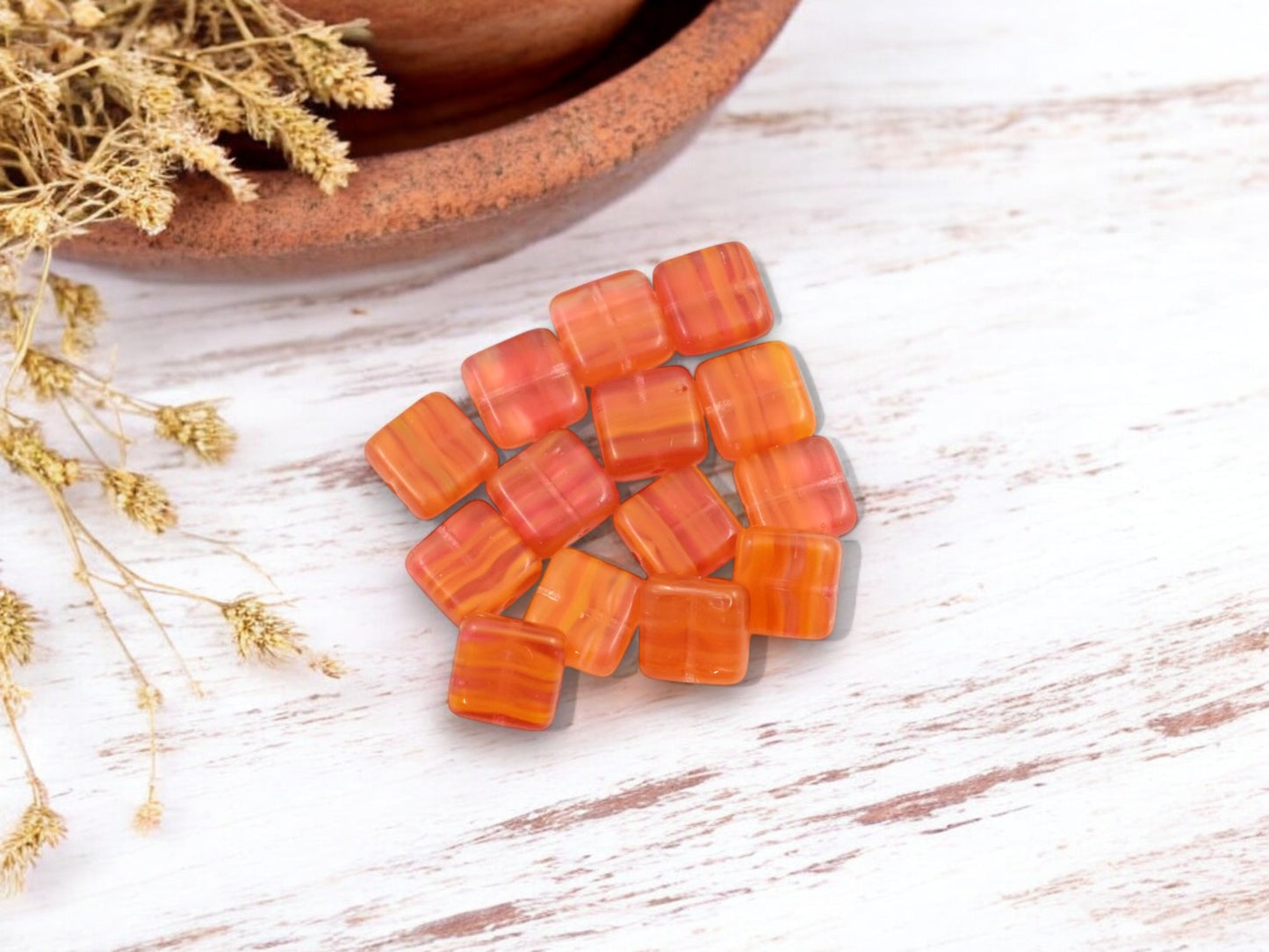 *15* 9mm Orange Marmalade Flat Square Beads