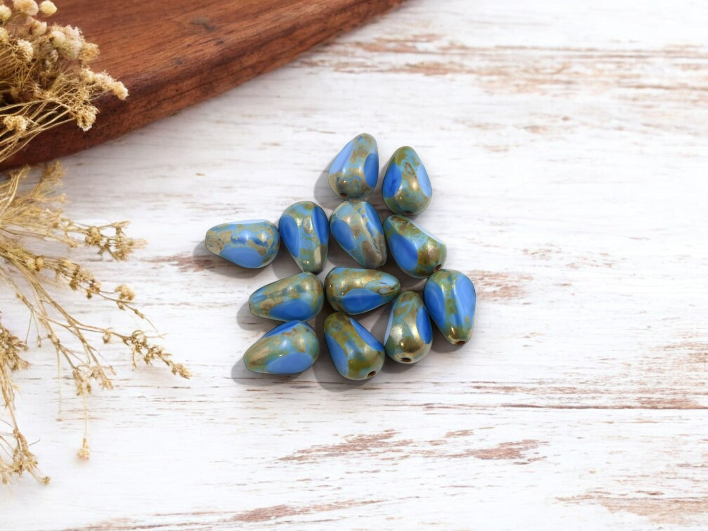 *25* 12x7mm Blue Silk Picasso Table Cut Teardrop Beads
