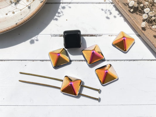 *6* 12mm Black Magic 2 Hole Pyramid Stud Beads
