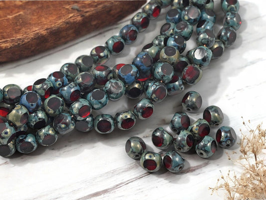 *25* 8mm Ruby Red Picasso 3 Sided Round Beads