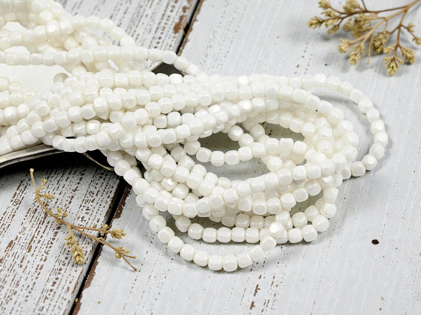 *100* 4mm Opaque White Luster Cube Beads