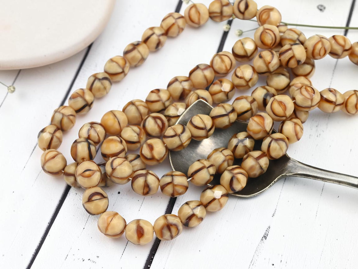 *25* 8mm Opaque Striped Beige Fire Polished Round Beads