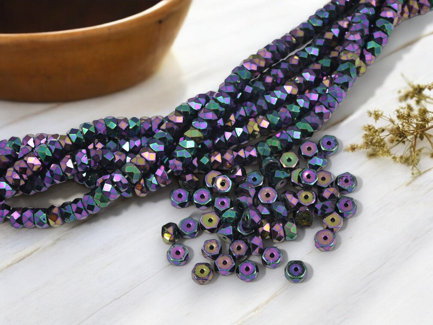 *50* 6x3mm Metallic Purple Iris Fire Polished Heishi Rondelle Beads
