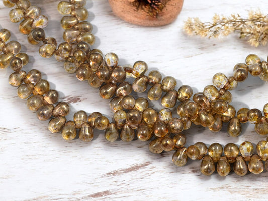 *50* 8x6mm Gold Lustered Smokey Topaz Picasso Teardrop Beads