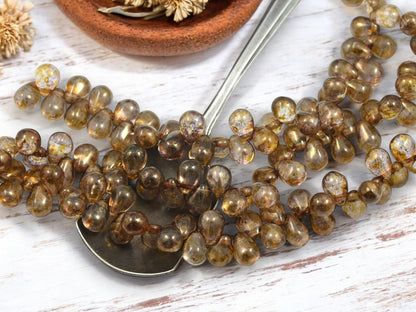 *50* 8x6mm Gold Lustered Smokey Topaz Picasso Teardrop Beads