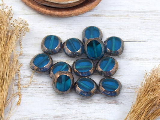 *20* 10x9mm Bronze Washed Dark Aqua Table Cut Oval Beads