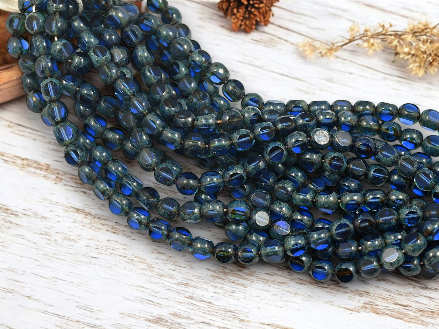 *25* 6mm Sapphire Picasso 3 Sided Round Beads