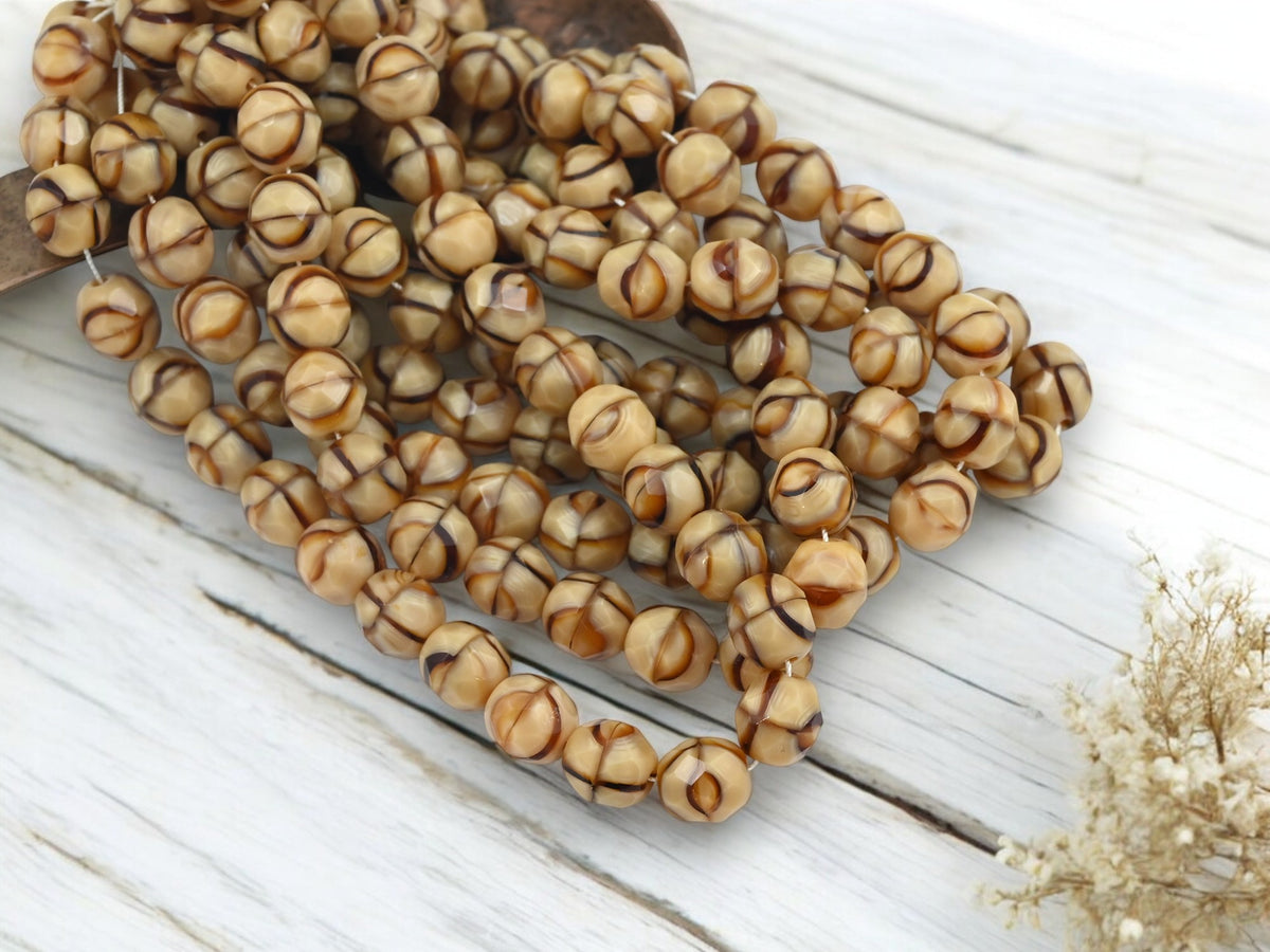 *25* 8mm Opaque Striped Beige Fire Polished Round Beads