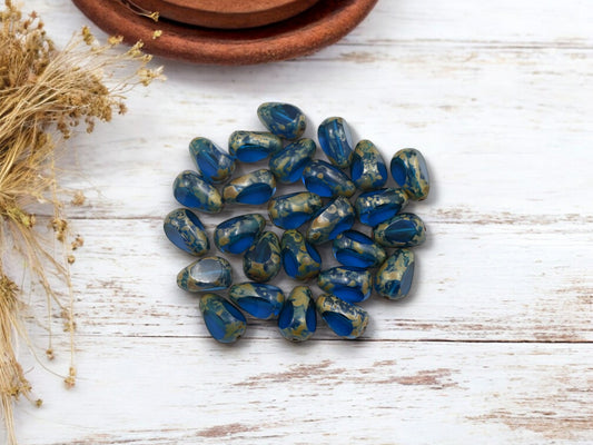 *25* 11x7mm Capri Blue Picasso Table Cut Teardrop Beads