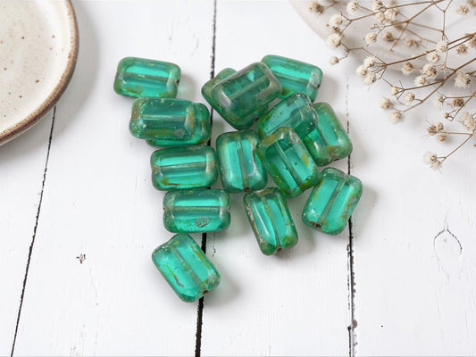 *15* 12x8mm Aquamarine Silver Picasso Rectangle Beads