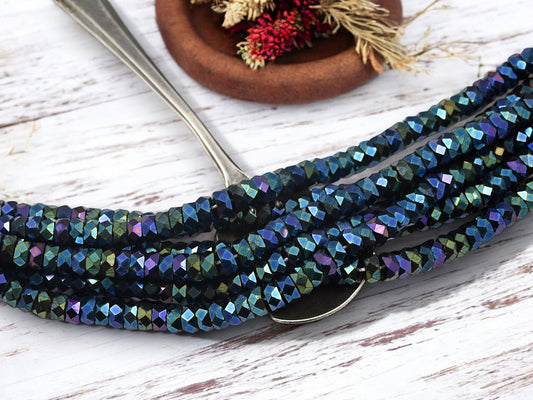 *50* 6x3mm Metallic Blue Iris Fire Polished Heishi Rondelle Beads