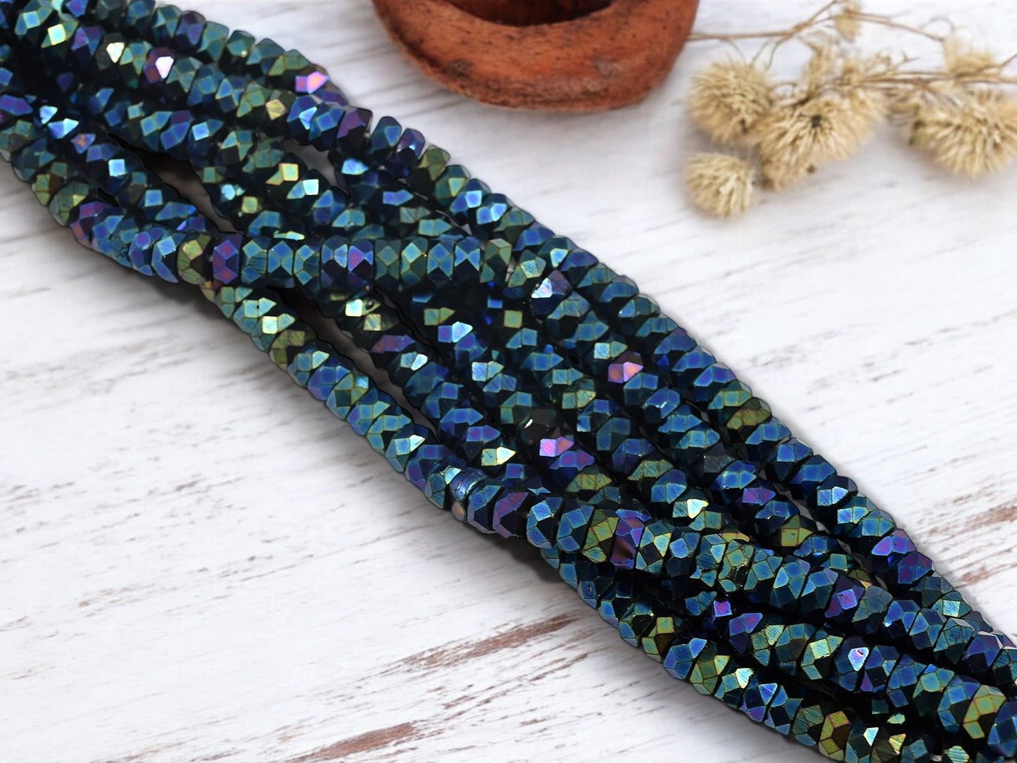 *50* 6x3mm Metallic Blue Iris Fire Polished Heishi Rondelle Beads