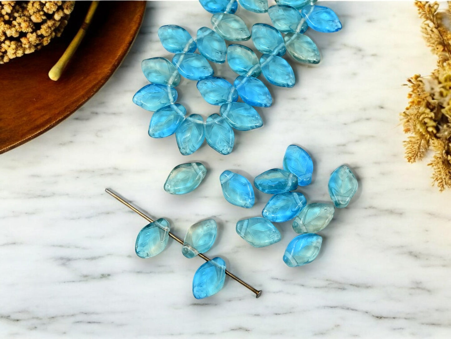 *25* 12x8mm Blended Aqua Top Drilled Leaf Beads