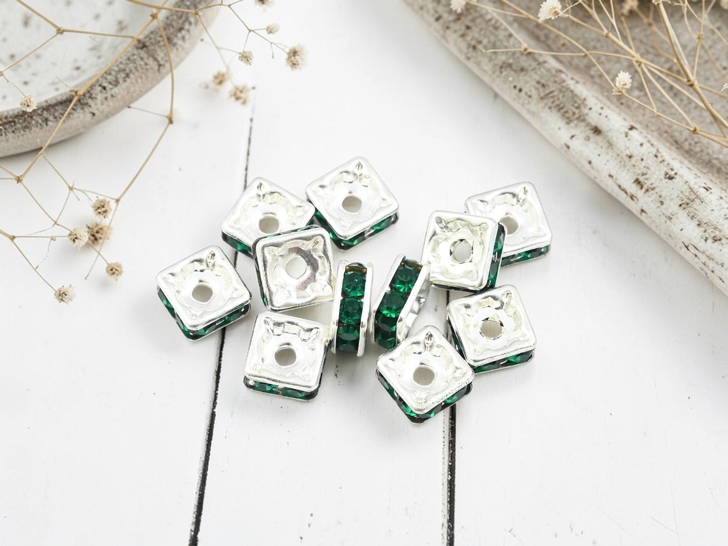 *12* 8mm Czech Rhinestone Squaredelles Silver Plated Brass w/ Emerald
