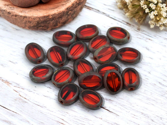 *20* 10x9mm Red Orange Picasso Table Cut Oval Beads