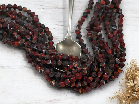 *50* 6mm Matte Red + Black Swirl Lucerna Bicone Beads
