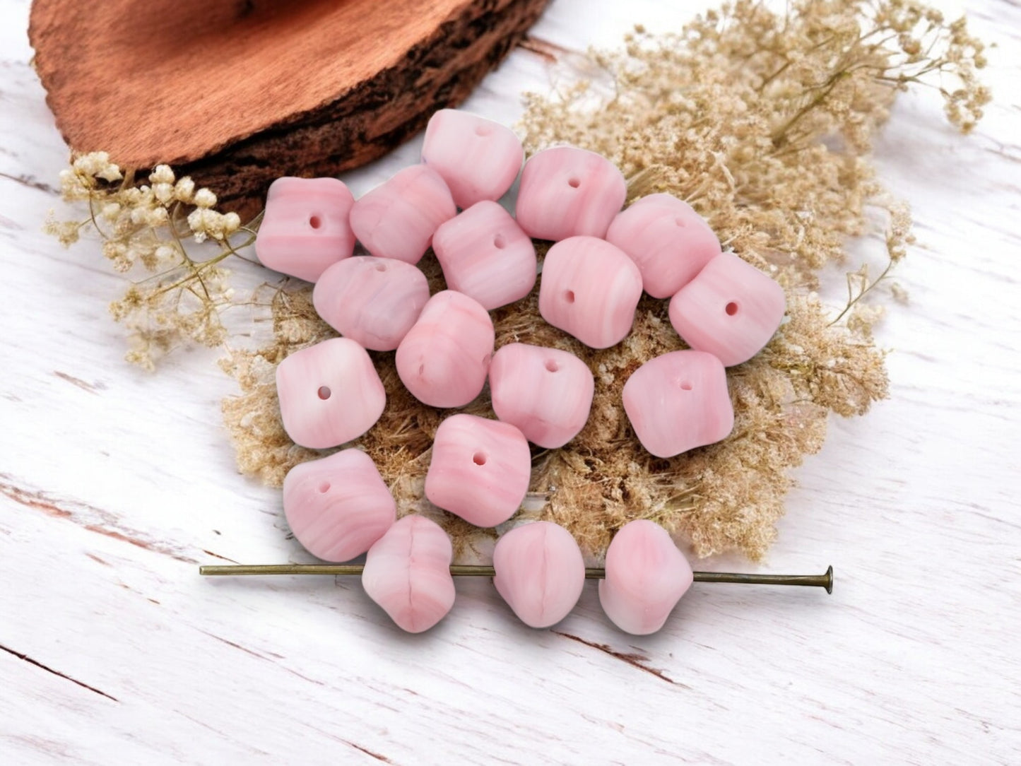 *50* 10x7mm Matte Pink + White Nugget Rondelle Beads