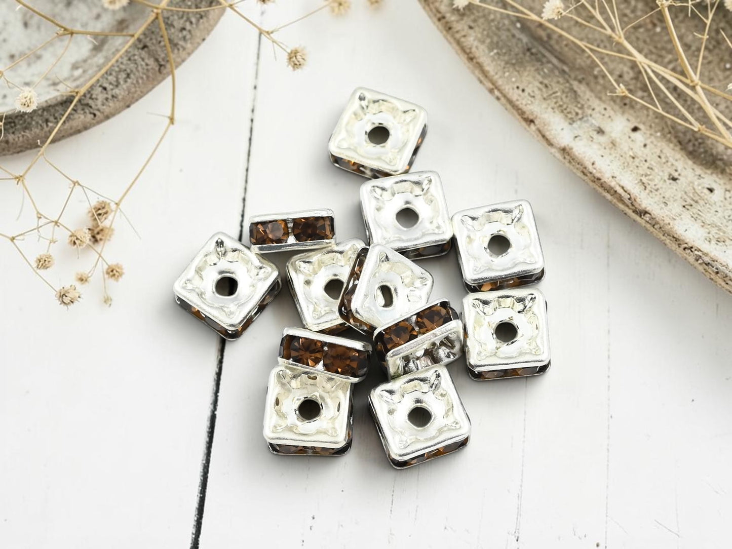 *12* 8mm Czech Rhinestone Squaredelles Silver Plated w/ Smokey Topaz