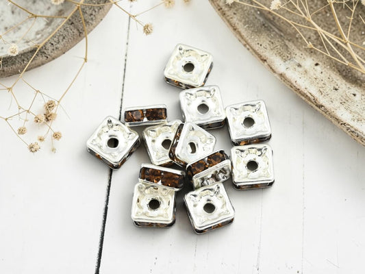 *12* 8mm Czech Rhinestone Squaredelles Silver Plated w/ Smokey Topaz