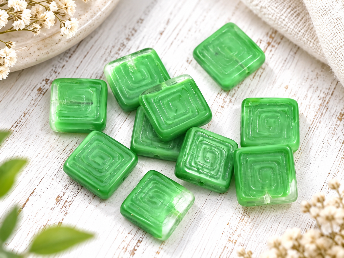 *10* 13mm Green Crystal Greek Key Square Beads