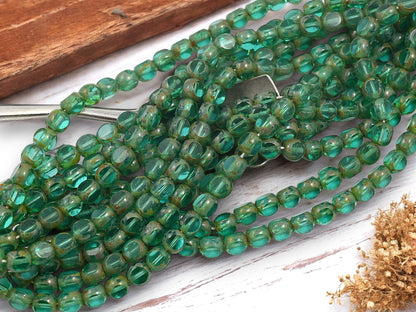 *25* 6mm Teal Picasso 3 Sided Round Beads
