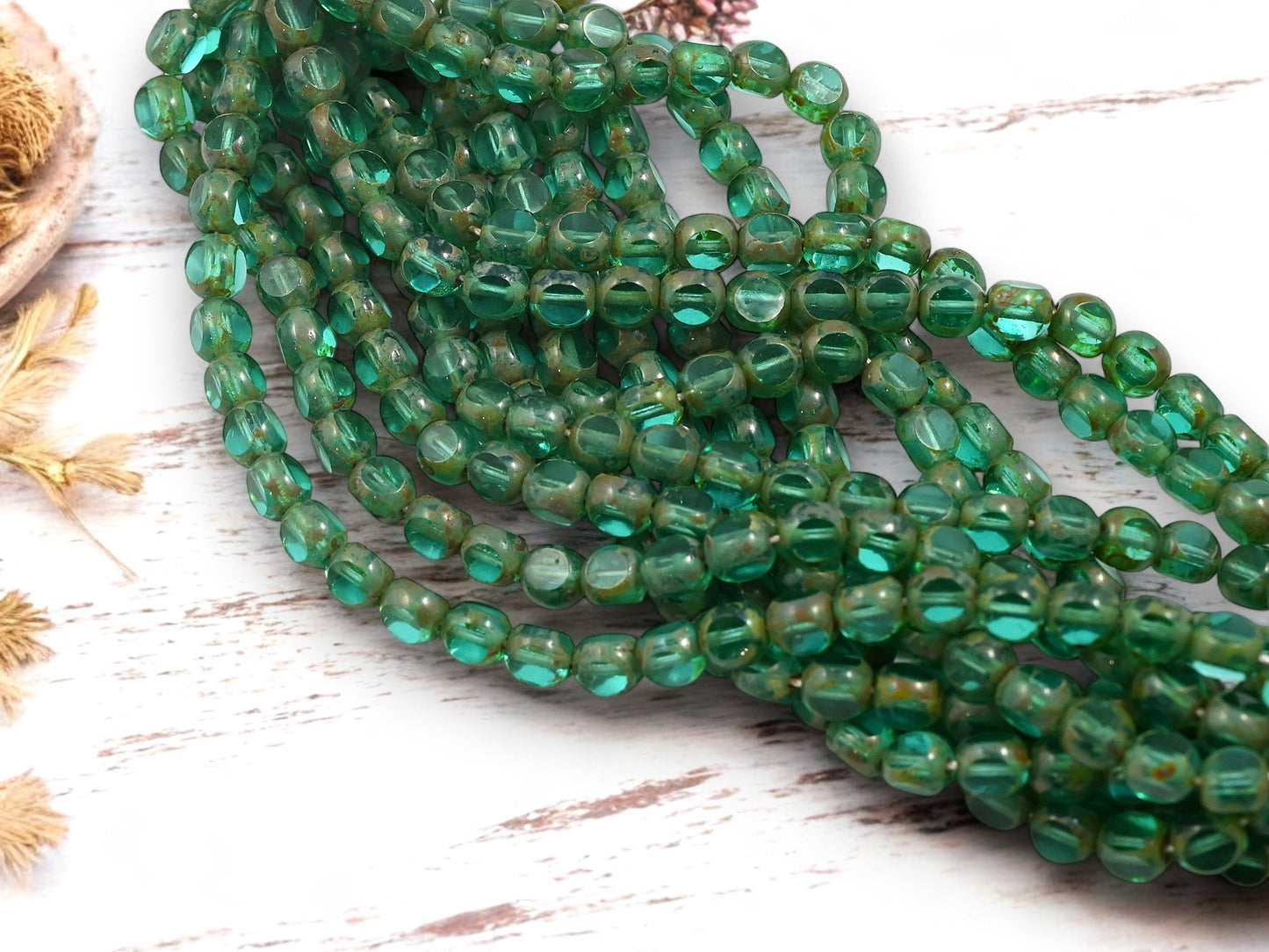 *25* 6mm Teal Picasso 3 Sided Round Beads