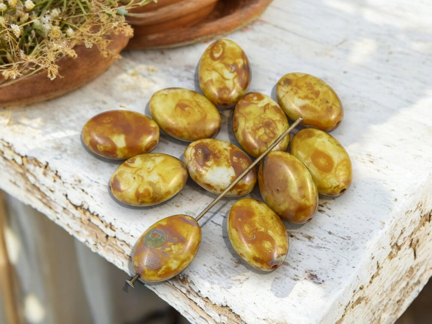 *11* 16x12mm Opaque Alabaster Travertine Flat Oval Beads