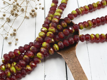 *25* 6x8mm Blended Dark Red + Chartreuse Fire Polished Rondelle Beads