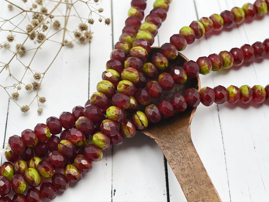 *25* 6x8mm Blended Dark Red + Chartreuse Fire Polished Rondelle Beads