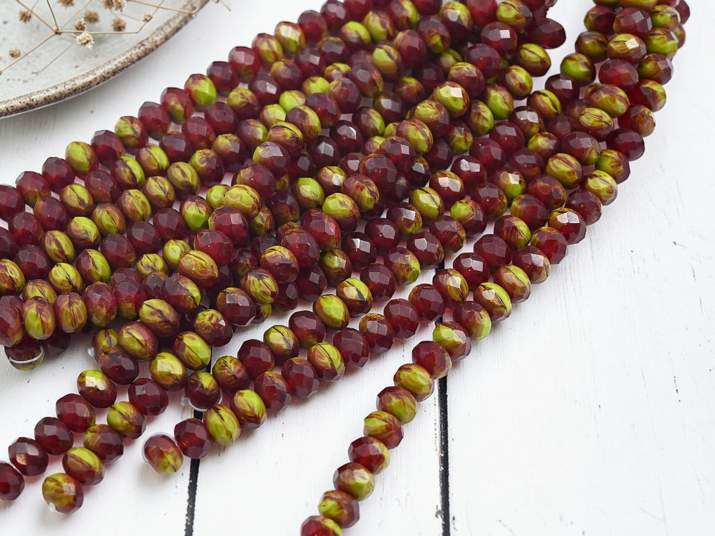 *25* 6x8mm Blended Dark Red + Chartreuse Fire Polished Rondelle Beads