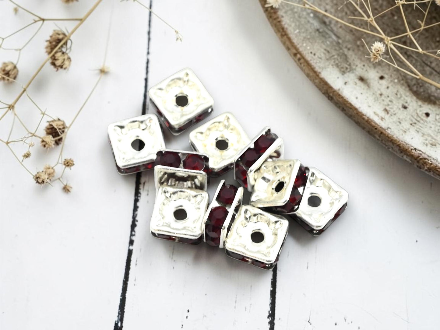 *12* 8mm Czech Rhinestone Squaredelles Silver Plated Brass w/ Garnet