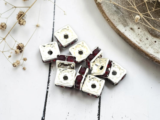 *12* 8mm Czech Rhinestone Squaredelles Silver Plated Brass w/ Garnet