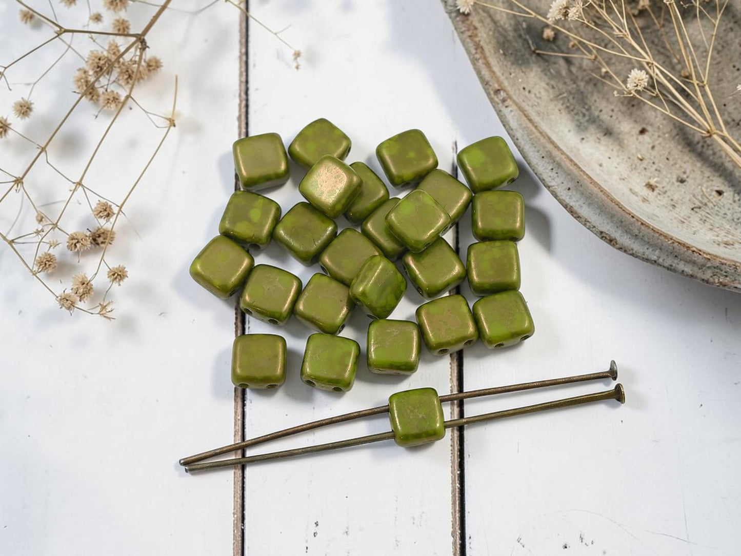 *50* 6mm Opaque Olive Moon Dust 2 Hole Tile Beads